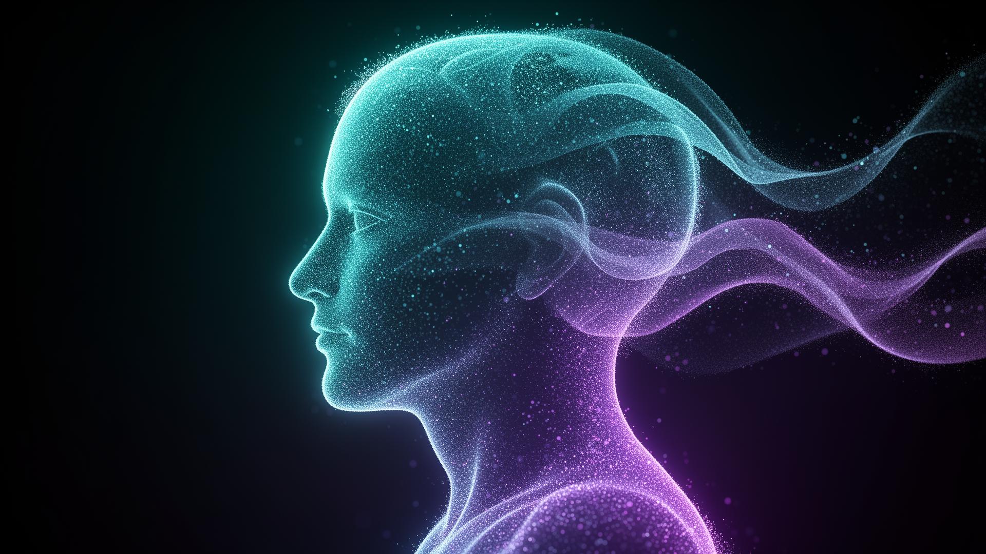 Abstract luminous human profile composed of particles