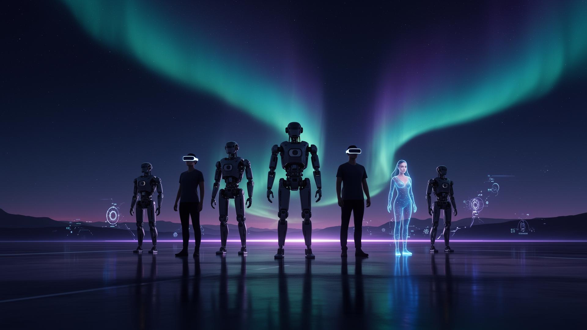 Distant futuristic horizon with humanoid robots, XR users and digital humans