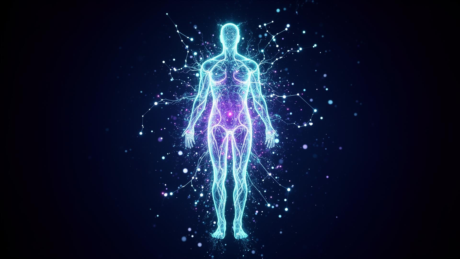 Luminous abstract human form composed of neural pathways